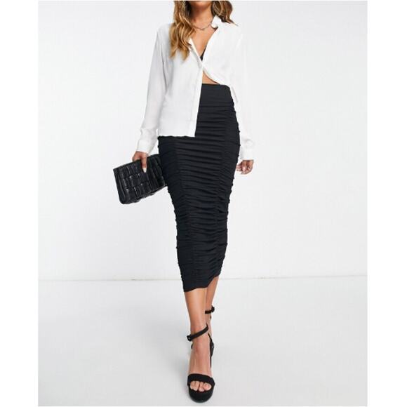 New NORDSTROM TOPSHOP Black Ruched Jersey Midi Skirt Size 8 - Picture 1 of 9